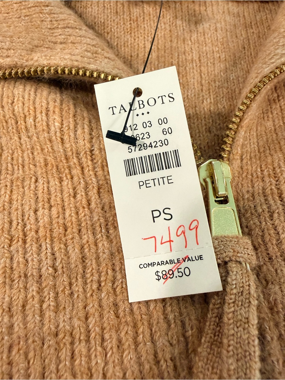 Talbots Petite Small Half Zip Sweater Camel Tan Openwork Knit NWT - Picture 8 of 10